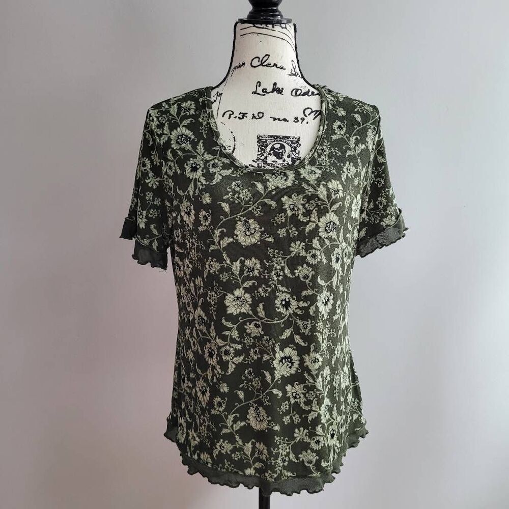 Vintage L green floral short flutter sleeved blouse fairy‎ grunge whimsigoth